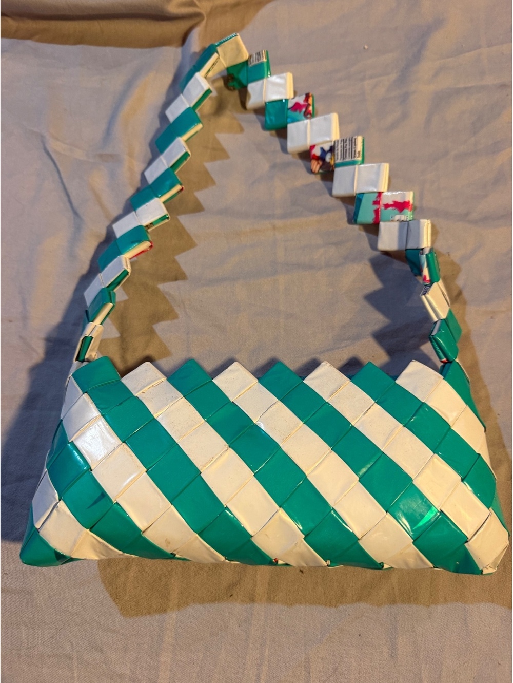 Handwoven Green and White Plastic Baguette Shoulder Bag